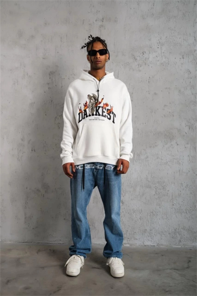 Erkek Oversize Kapüşonlu Sweatshirt – Beyaz Renk Üç İplik İçi Pamuklu Kanguru Cepli Baskılı Hoodie Rahat Kalıp Kışlık Günlük Kombinlere Uygun - Beyaz