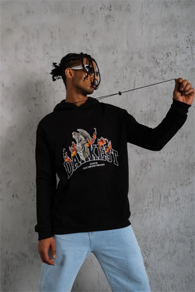 Erkek Oversize Kapüşonlu Sweatshirt – Siyah Renk Üç İplik İçi Pamuklu Kanguru Cepli Baskılı Hoodie Rahat Kalıp Kışlık Günlük Kombinlere Uygun - Siyah