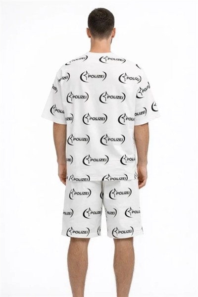 Erkek Oversize Ön Ve Arka Baskılı Tişört Şort Takım Rahat Kalıp Yazlık Günlük Kombin - Beyaz