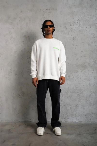 Erkek Oversize Sweatshirt – Beyaz Renk  Ön Ve Sırt Baskılı, Üç İplik İçi Pamuklu Kumaş, Rahat Kalıp, Ribanalı Kışlık Sweat  Winagain Polizei Serisi - Beyaz