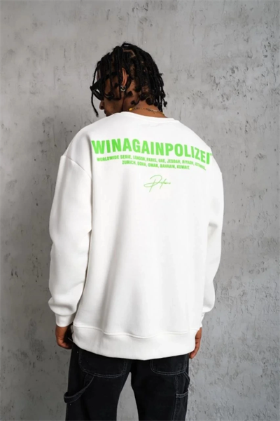 Erkek Oversize Sweatshirt – Beyaz Renk  Ön Ve Sırt Baskılı, Üç İplik İçi Pamuklu Kumaş, Rahat Kalıp, Ribanalı Kışlık Sweat  Winagain Polizei Serisi - Beyaz