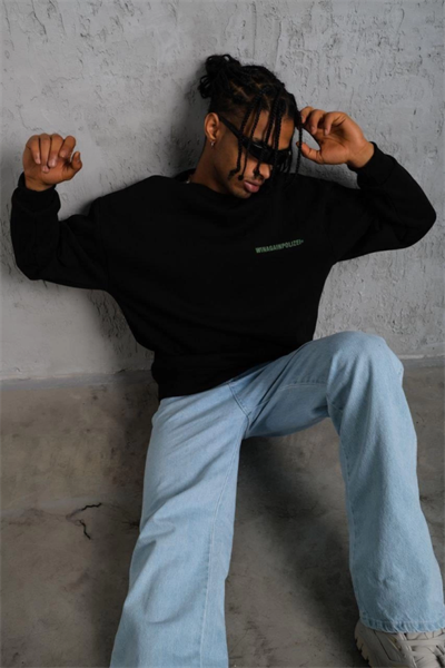 Erkek Oversize Sweatshirt – Siyah Renk  Ön Ve Sırt Baskılı, Üç İplik İçi Pamuklu Kumaş, Rahat Kalıp, Ribanalı Kışlık Sweat  Winagain Polizei Serisi - Siyah