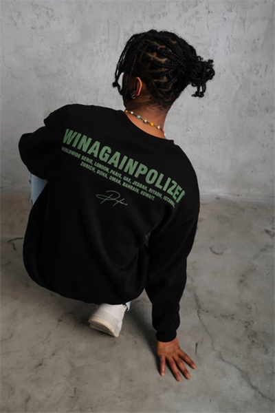 Erkek Oversize Sweatshirt – Siyah Renk  Ön Ve Sırt Baskılı, Üç İplik İçi Pamuklu Kumaş, Rahat Kalıp, Ribanalı Kışlık Sweat  Winagain Polizei Serisi - Siyah