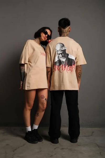 Erkek Oversize Tişört – Beyaz 24/1 Penye Kumaş, Bisiklet Yaka, Ön - Arka Baskılı, Streetwear Tarzı Rahat Büyük Kalıp T-Shirt - Bej