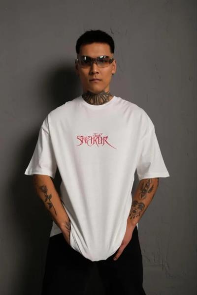 Erkek Oversize Tişört – Beyaz 24/1 Penye Kumaş, Bisiklet Yaka, Ön - Arka Baskılı, Streetwear Tarzı Rahat Büyük Kalıp T-Shirt- Beyaz