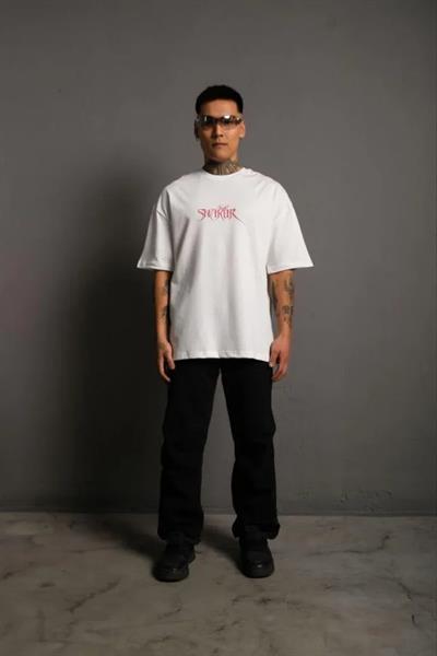 Erkek Oversize Tişört – Beyaz 24/1 Penye Kumaş, Bisiklet Yaka, Ön - Arka Baskılı, Streetwear Tarzı Rahat Büyük Kalıp T-Shirt- Beyaz