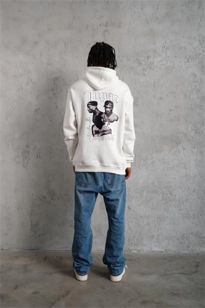 Erkek Oversize Üç İplik Kapüşonlu Sweat – Kol Ve Etek Ribana Detaylı, Ön Ve Sırt Baskılı, Kanguru Cepli Rahat Kalıp Model - Beyaz