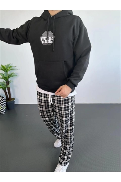 Erkek Oversize Üç İplik Kapüşonlu Sweatshirt – Siyah Sırt Ve Ön Baskılı, Kanguru Cepli, Rahat Kalıp, İçi Pamuklu ModeL-Siyah