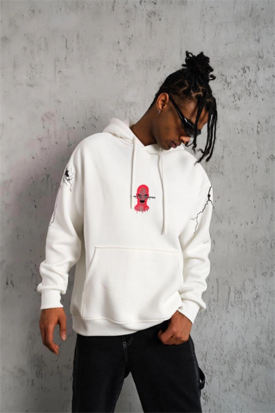 Erkek Oversize Üç İplik Kapüşonlu Sweatshirt – “Don’t Be Terrified” Ön, Sırt Ve Kol Baskılı, Kanguru Cepli, Ribanalı Rahat Model - Beyaz