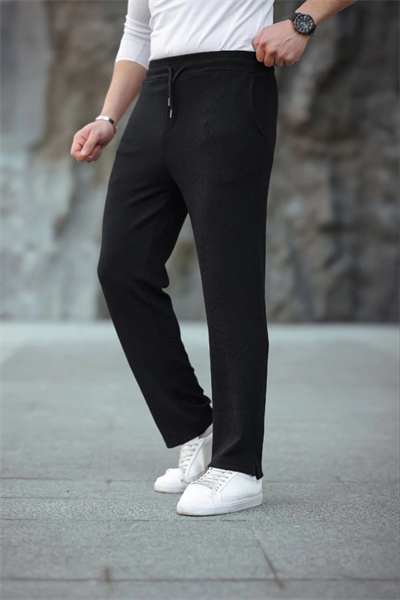 Erkek Paça Yırtmaçlı Burgu Selanik Dokulu Jogger Buggy Pantalon Rahat Kalıp - Siyah