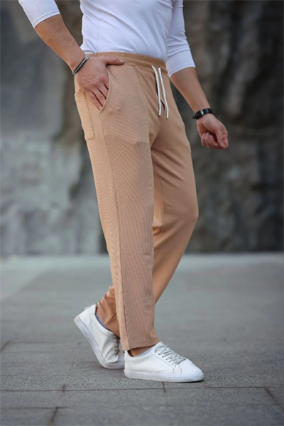 Erkek Paça Yırtmaçlı Burgu Selanik Dokulu Jogger Buggy Pantalon Rahat Kalıp - Kahverengi