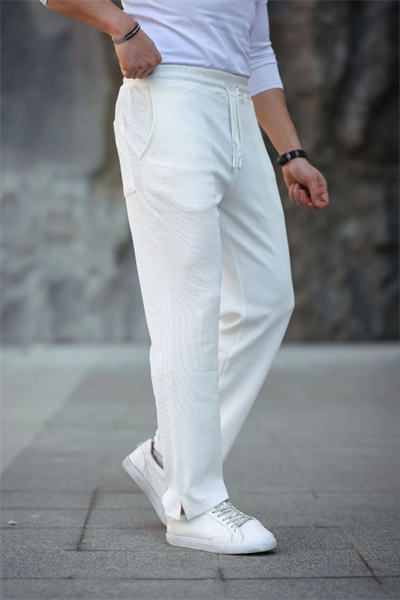 Erkek Paça Yırtmaçlı Burgu Selanik Dokulu Jogger Buggy Pantalon Rahat Kalıp - Beyaz