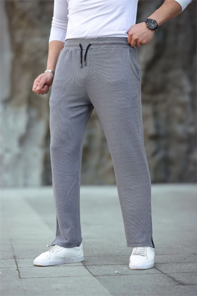 Erkek Paça Yırtmaçlı Burgu Selanik Dokulu Jogger Buggy Pantalon Rahat Kalıp - Gri