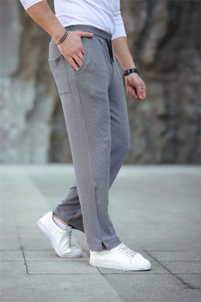 Erkek Paça Yırtmaçlı Burgu Selanik Dokulu Jogger Buggy Pantalon Rahat Kalıp - Gri