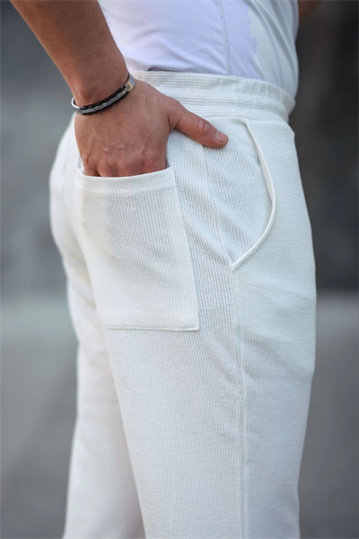 Erkek Paça Yırtmaçlı Burgu Selanik Dokulu Jogger Buggy Pantalon Rahat Kalıp - Beyaz