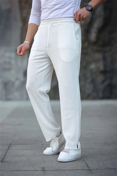 Erkek Paça Yırtmaçlı Burgu Selanik Dokulu Jogger Buggy Pantalon Rahat Kalıp - Beyaz