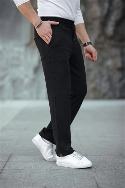 Erkek Paça Yırtmaçlı Burgu Selanik Dokulu Jogger Buggy Pantalon Rahat Kalıp - Siyah