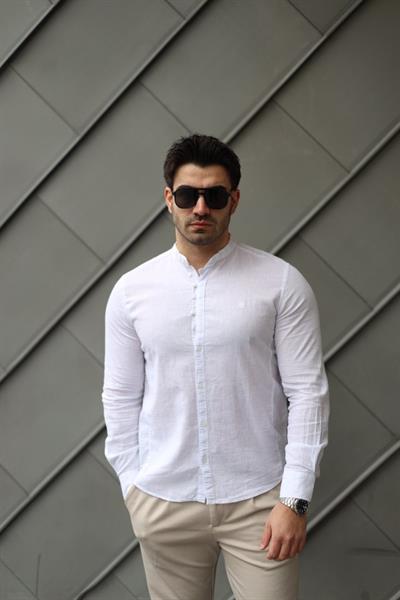 Erkek Pamuklu Keten Kumaş Hakim Yaka Gömlek