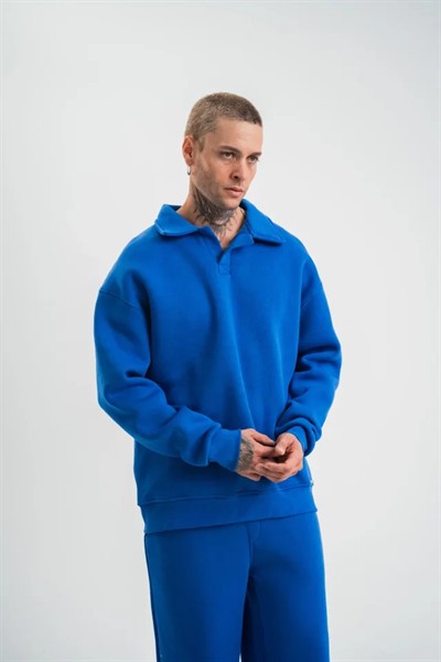 Erkek Patlı Yaka Üç İplik Pamuklu Sweatshirt Double Oversize Rahat Kalıp Günlük Kullanım - Mavi