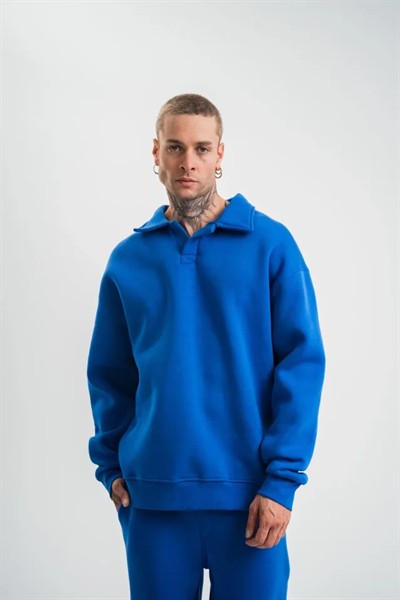 Erkek Patlı Yaka Üç İplik Pamuklu Sweatshirt Double Oversize Rahat Kalıp Günlük Kullanım - Mavi