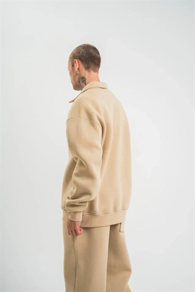 Erkek Patlı Yaka Üç İplik Pamuklu Sweatshirt Double Oversize Rahat Kalıp Günlük Kullanım – Bej