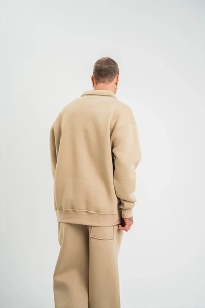 Erkek Patlı Yaka Üç İplik Pamuklu Sweatshirt Double Oversize Rahat Kalıp Günlük Kullanım – Bej