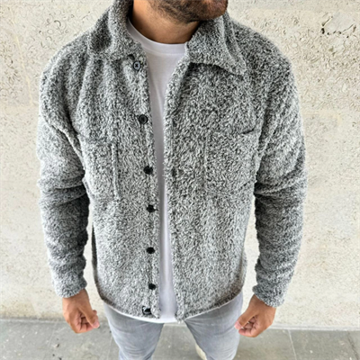 Erkek Pelüş Polar Hırka Gömlek – Yakalı, İlik Düğmeli, Göğüs Cepli, Yumuşak Dokulu Kışlık Regular Fit Rahat Günlük Model - Gri