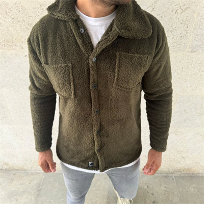 Erkek Pelüş Polar Hırka Gömlek – Yakalı, İlik Düğmeli, Göğüs Cepli, Yumuşak Dokulu Kışlık Regular Fit Rahat Günlük Model - Haki