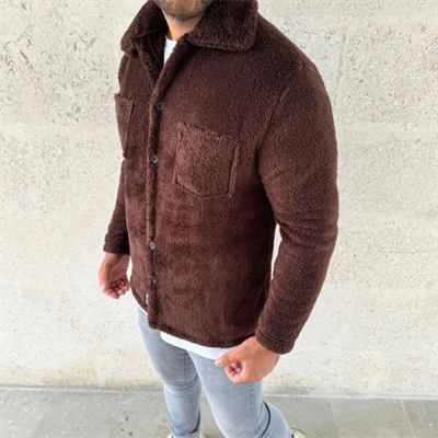 Erkek Pelüş Polar Hırka Gömlek – Yakalı, İlik Düğmeli, Göğüs Cepli, Yumuşak Dokulu Kışlık Regular Fit Rahat Günlük Model - Kahverengi