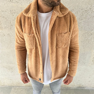 Erkek Pelüş Polar Hırka Gömlek – Yakalı, İlik Düğmeli, Göğüs Cepli, Yumuşak Dokulu Kışlık Regular Fit Rahat Günlük Model - Açık Kahve