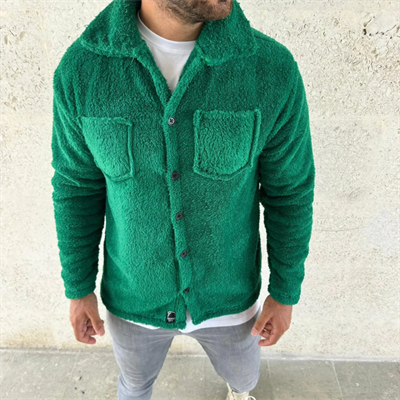 Erkek Pelüş Polar Hırka Gömlek – Yakalı, İlik Düğmeli, Göğüs Cepli, Yumuşak Dokulu Kışlık Regular Fit Rahat Günlük Model - Çimen Yeşili