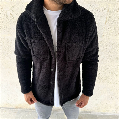 Erkek Pelüş Polar Hırka Gömlek – Yakalı, İlik Düğmeli, Göğüs Cepli, Yumuşak Dokulu Kışlık Regular Fit Rahat Günlük Model - Siyah
