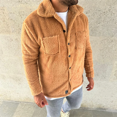 Erkek Pelüş Polar Hırka Gömlek – Yakalı, İlik Düğmeli, Göğüs Cepli, Yumuşak Dokulu Kışlık Regular Fit Rahat Günlük Model - Açık Kahve