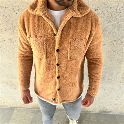 Erkek Pelüş Polar Hırka Gömlek – Yakalı, İlik Düğmeli, Göğüs Cepli, Yumuşak Dokulu Kışlık Regular Fit Rahat Günlük Model - Açık Kahve