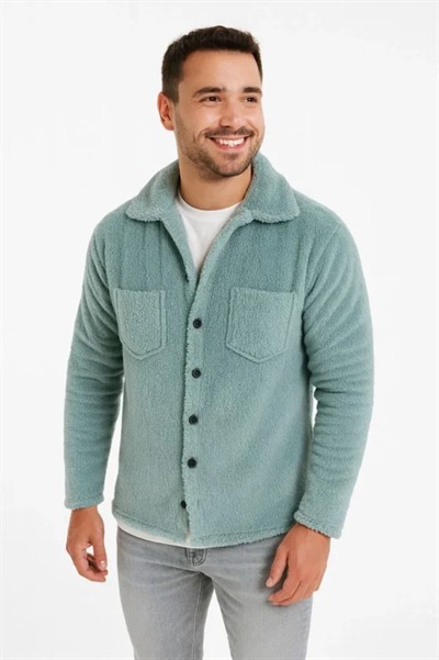 Erkek Pelüş Polar Hırka Gömlek Yakalı İlik Düğmeli Göğüs Cepli Yumuşak - Bebe Mavisi