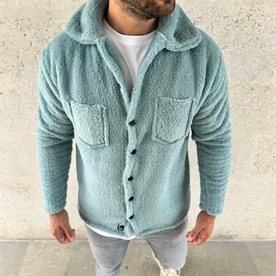 Erkek Pelüş Polar Hırka Gömlek Yakalı İlik Düğmeli Göğüs Cepli Yumuşak - Bebe Mavisi