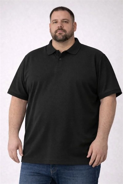 Erkek Pike Kumaş Düğmeli Yaka Battal Büyük Beden Günlük Kısa Kol Tişört T-shirt - Siyah