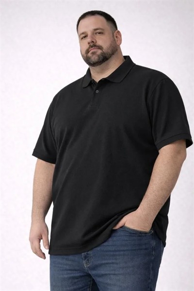 Erkek Pike Kumaş Düğmeli Yaka Battal Büyük Beden Günlük Kısa Kol Tişört T-shirt - Siyah