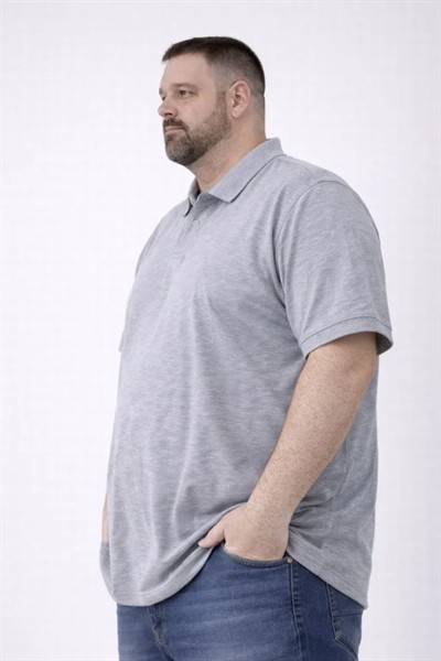 Erkek Pike Kumaş Düğmeli Yaka Battal Büyük Beden Günlük Kısa Kol Tişört T-shirt - Gri