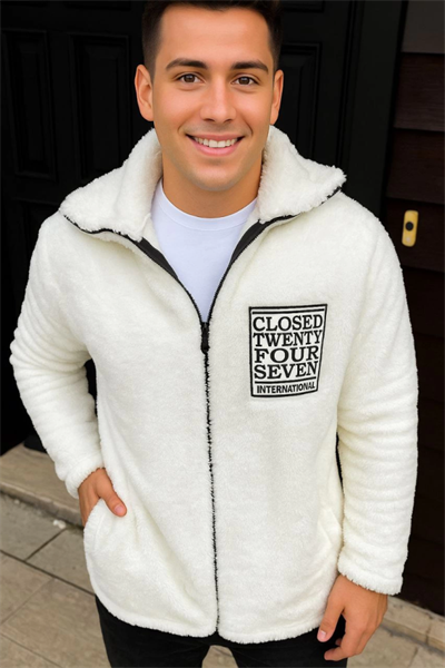 Erkek Polar Fermuarlı Sweatshirt – Kapüşonsuz, Cepli, Yumuşak Dokulu, Oversize Rahat Kalıp, Kışlık Sıcak Tutan Fermuarlı Üst - Beyaz