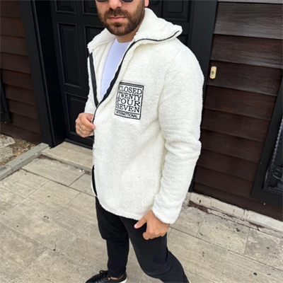 Erkek Polar Fermuarlı Sweatshirt – Kapüşonsuz, Cepli, Yumuşak Dokulu, Oversize Rahat Kalıp, Kışlık Sıcak Tutan Fermuarlı Üst - Beyaz