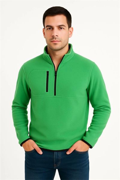 Erkek Polar Kazak – Dik Yaka, Yarım Fermuarlı, Fermuarlı Göğüs Cepli, Siyah Biyeli, Kışlık Rahat Regular Fit Günlük Model - Yeşil