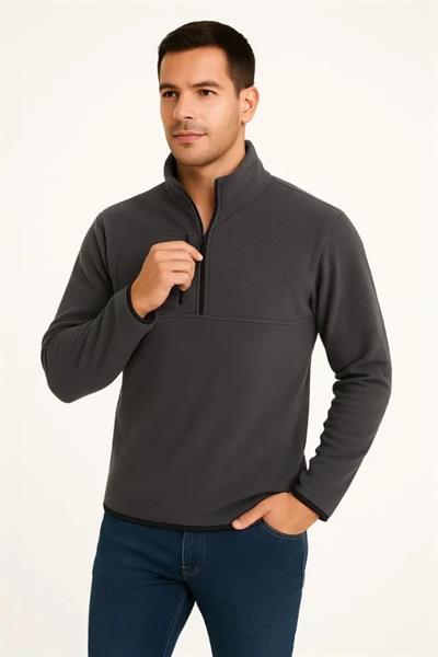 Erkek Polar Kazak – Dik Yaka, Yarım Fermuarlı, Fermuarlı Göğüs Cepli, Siyah Biyeli, Kışlık Rahat Regular Fit Günlük Model - Füme