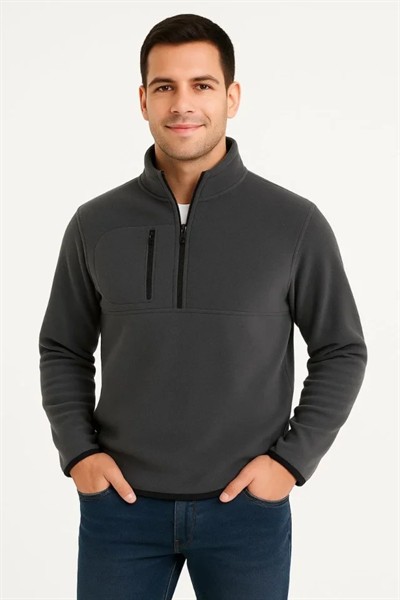 Erkek Polar Kazak Dik Yaka Yarım Fermuarlı Fermuarlı Göğüs Cepli Siyah Biyeli - Füme