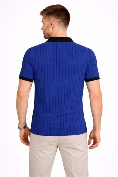 Erkek Polo Yaka Çizgili Tişört Kısa Kol Düğmeli Yazlık T-Shirt - Saks Mavisi