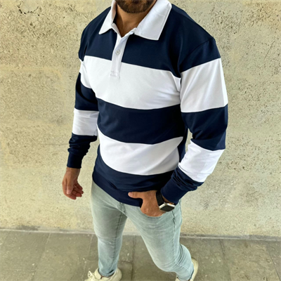 Erkek Polo Yaka Uzun Kollu Çizgili Sweatshirt Trend Rugby Stil - Lacivert
