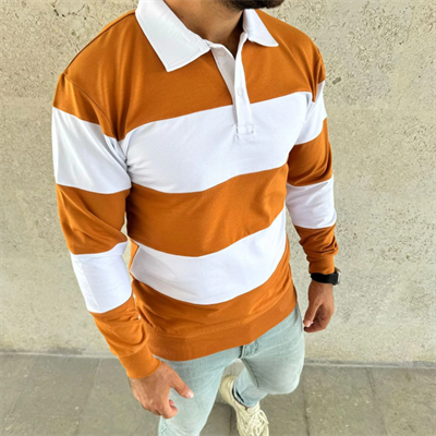 Erkek Polo Yaka Uzun Kollu Çizgili Sweatshirt Trend Rugby Stil - Turuncu