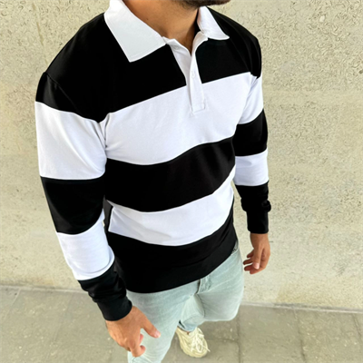 Erkek Polo Yaka Uzun Kollu Çizgili Sweatshirt Trend Rugby Stil - Siyah
