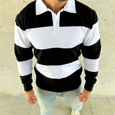 Erkek Polo Yaka Uzun Kollu Çizgili Sweatshirt Trend Rugby Stil - Siyah