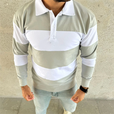 Erkek Polo Yaka Uzun Kollu Çizgili Sweatshirt Trend Rugby Stil - Mint Yeşili